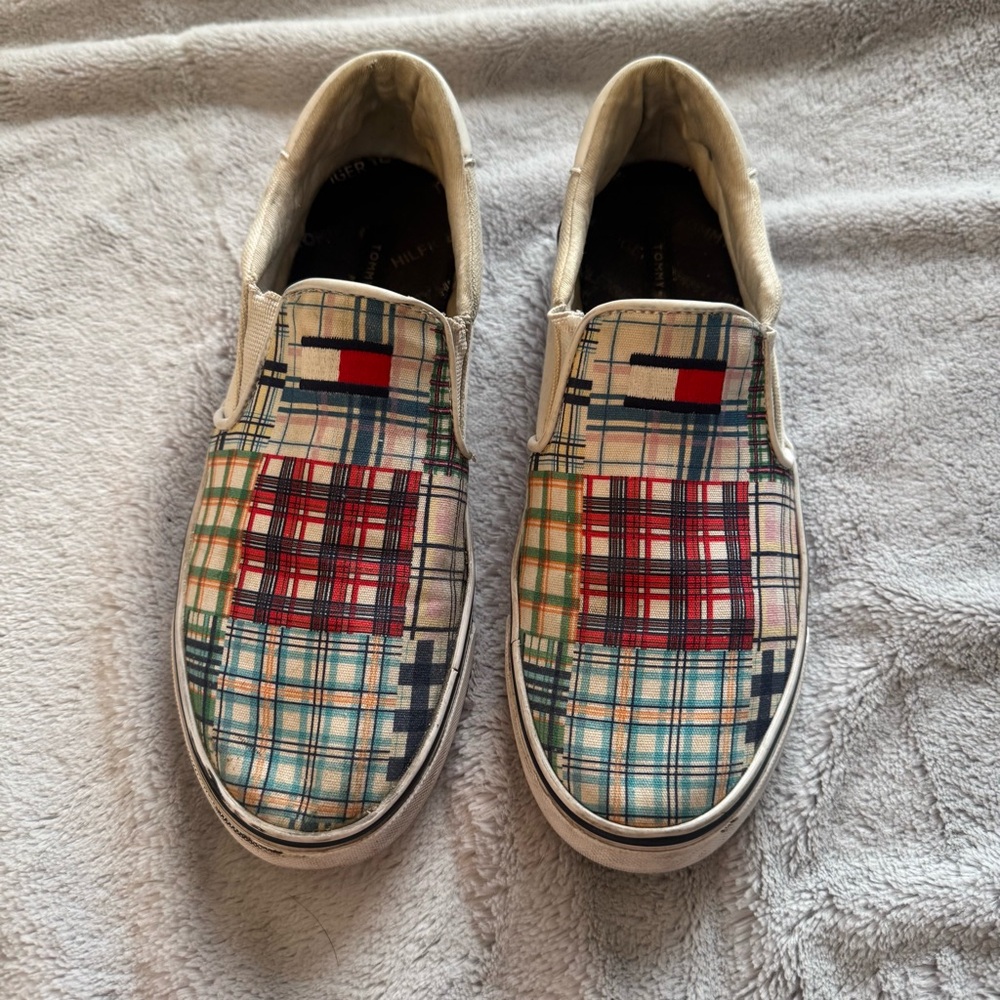 Tommy Hilfiger Slip-On Sneakers Men’s 9M‎ Plaid Patchwork Canvas Shoes